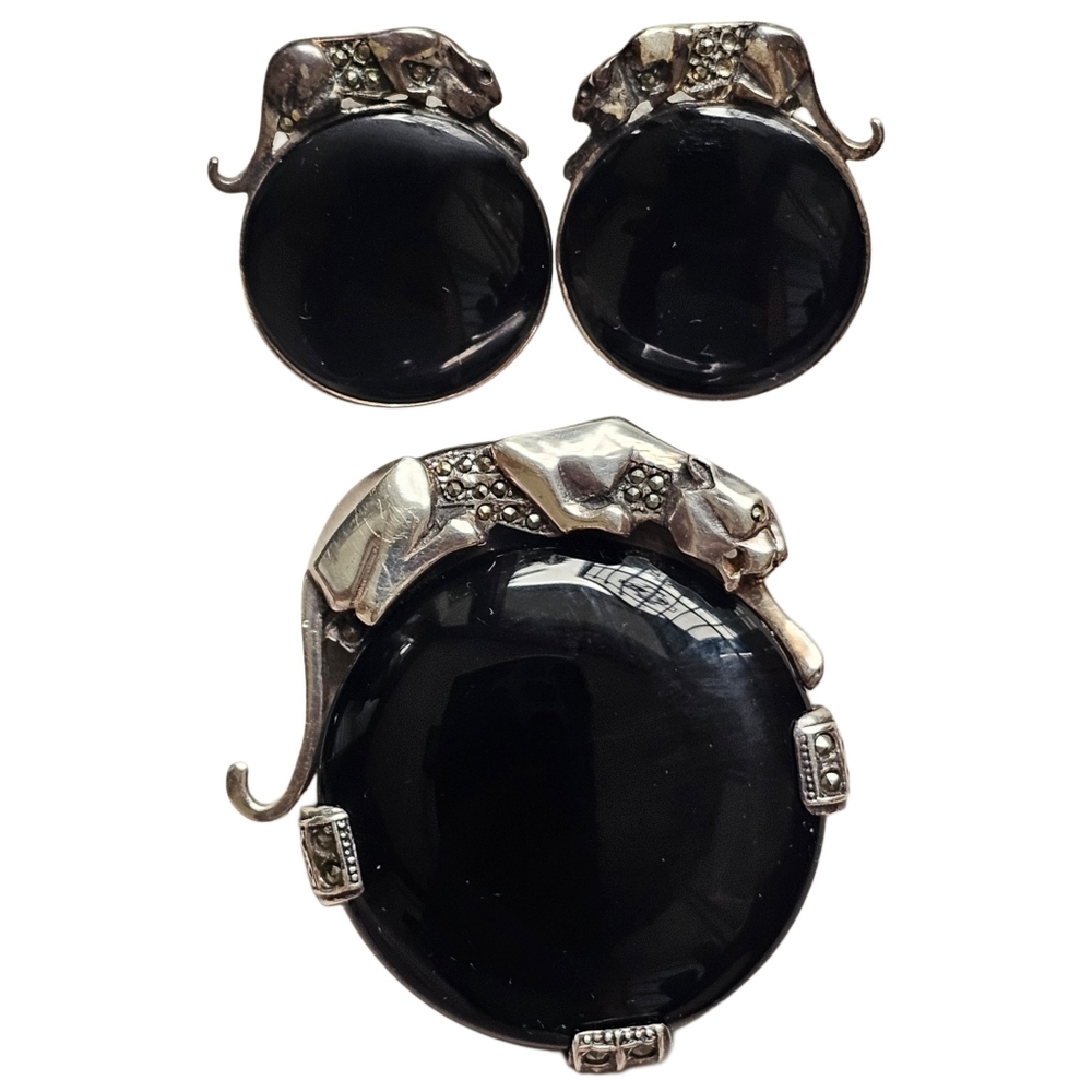 Vintage Sterling Silver Marcasite & Onyx Large Panther Pendant Pin Earrings Set